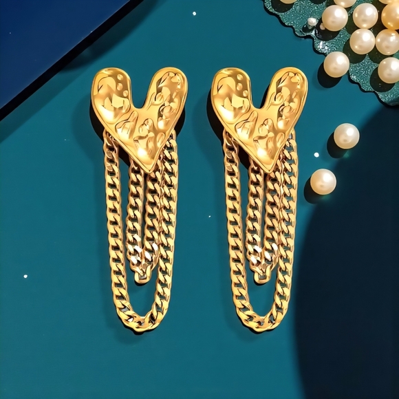 🆕️ 18K Gold Plated Heart Tassel Earrings 💖 Trendy Chain Statement Jewelry - Picture 6 of 13